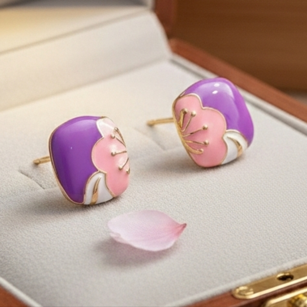 Floral Purple and Pink Enamel Earrings